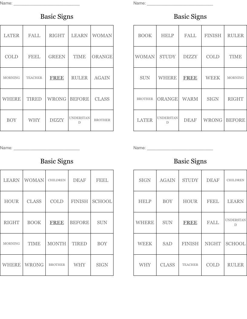 Basic Signs Bingo Cards
