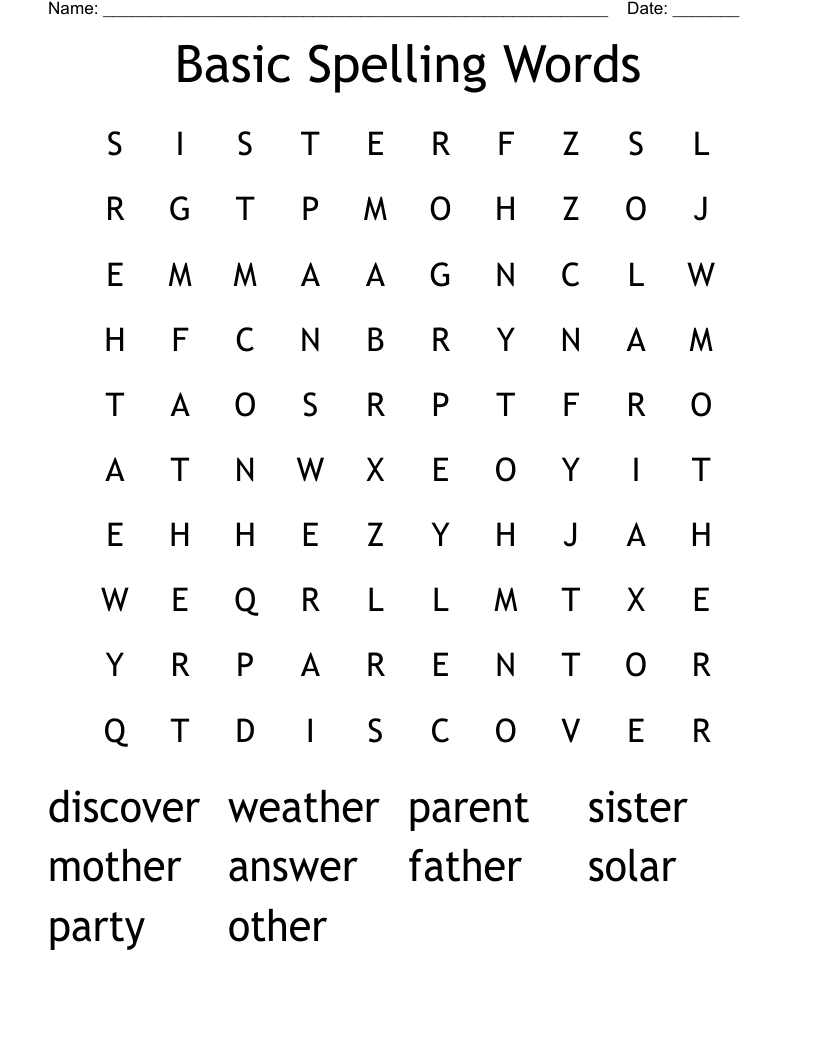 Basic Spelling Words  Word Search