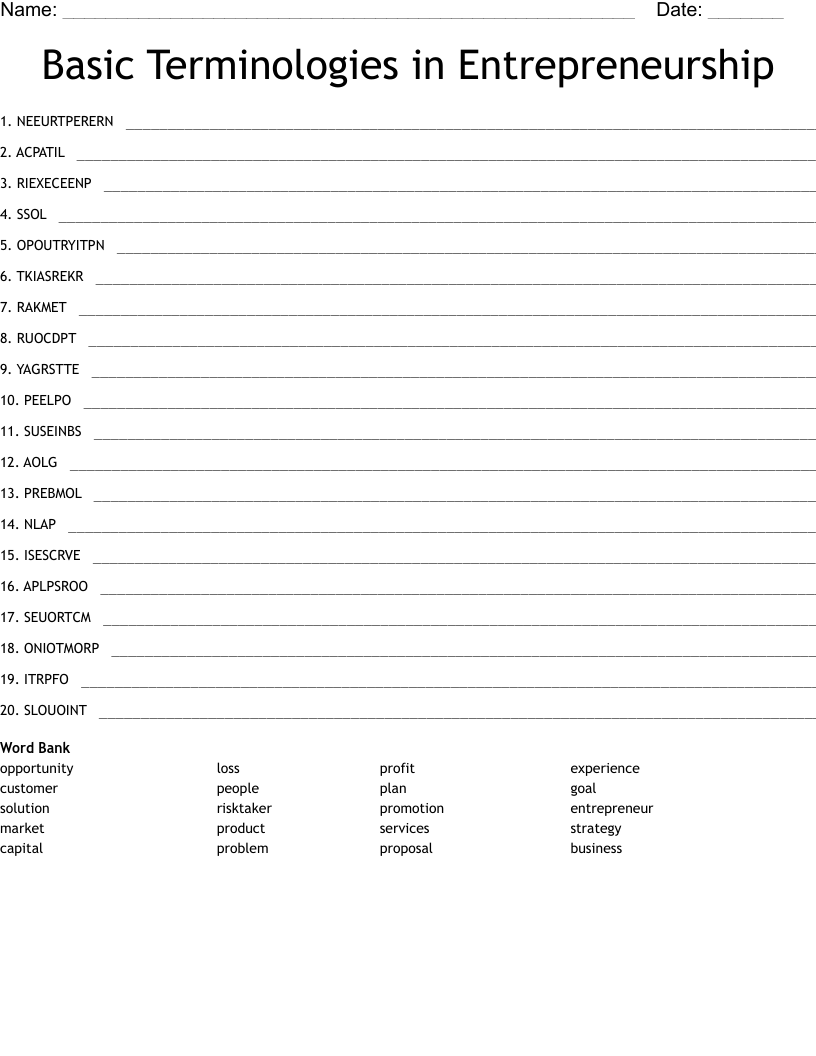Basic Terminologies in Entrepreneurship Word Scramble