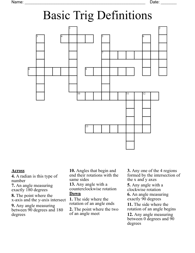 Basic Trig Definitions Crossword