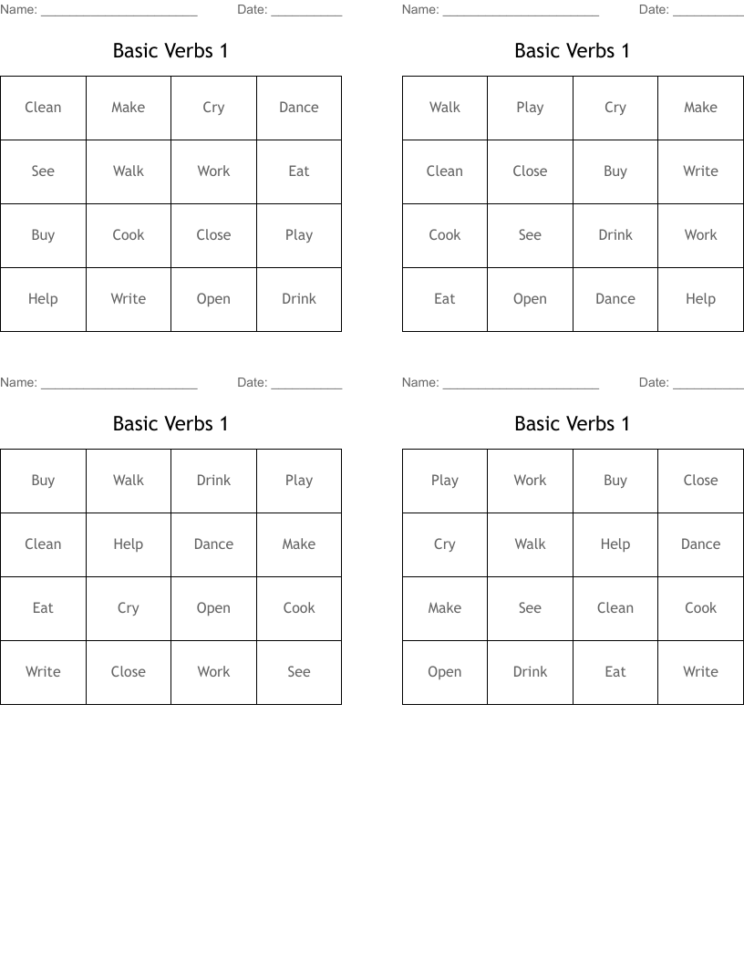 Basic Verbs 1 Bingo Cards