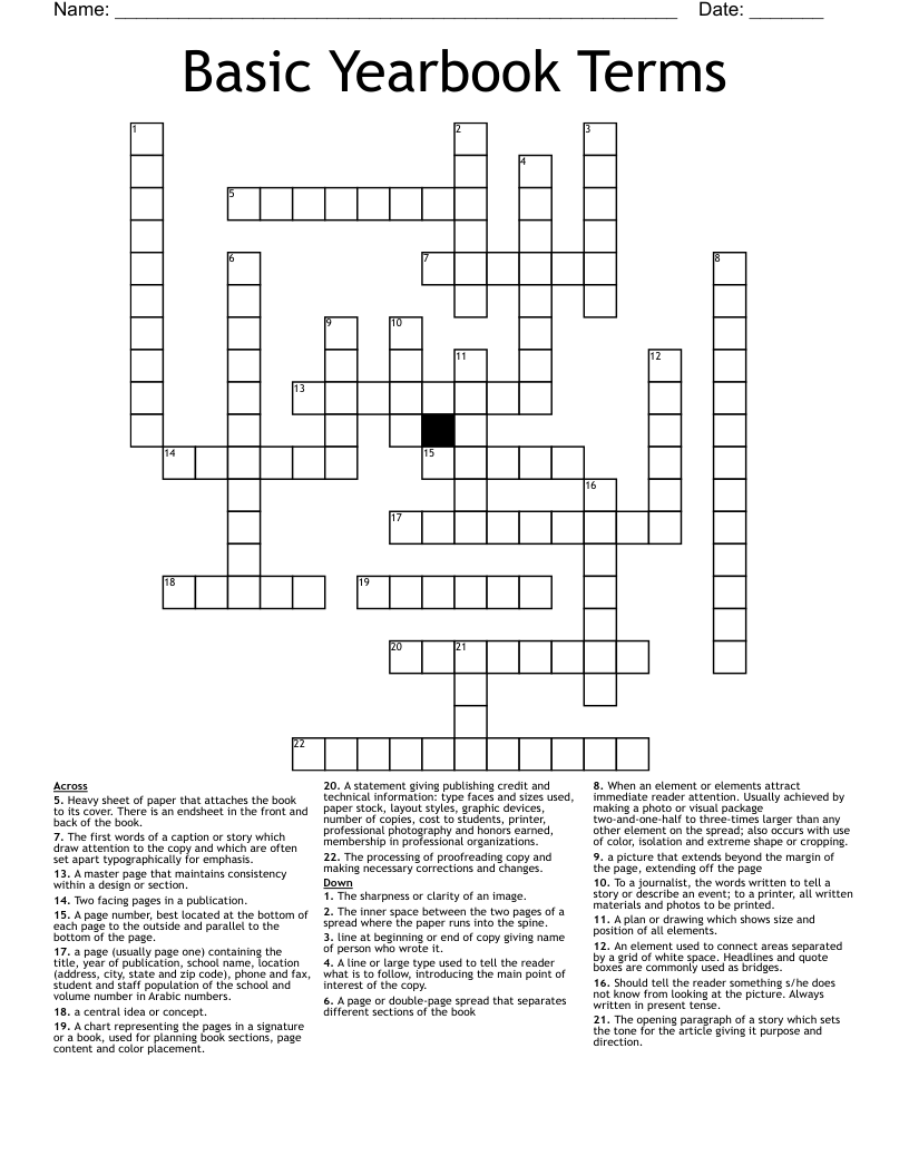 Basic Yearbook Terms Crossword
