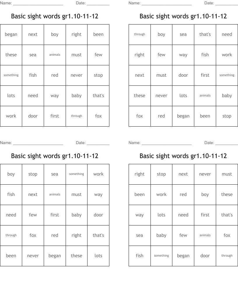 Basic sight words gr1.10-11-12 Bingo Cards