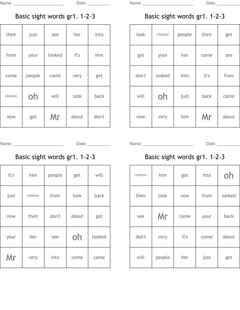 Basic sight words gr1. 1-2-3 Bingo Cards