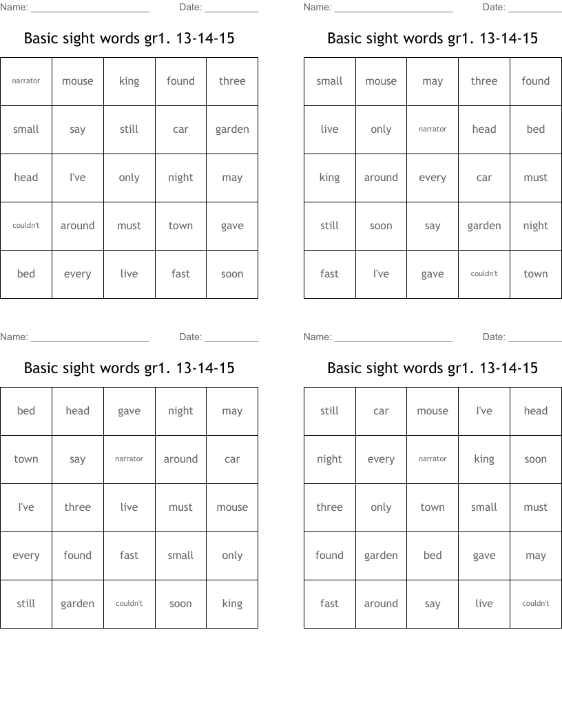 Basic sight words gr1. 13-14-15 Bingo Cards