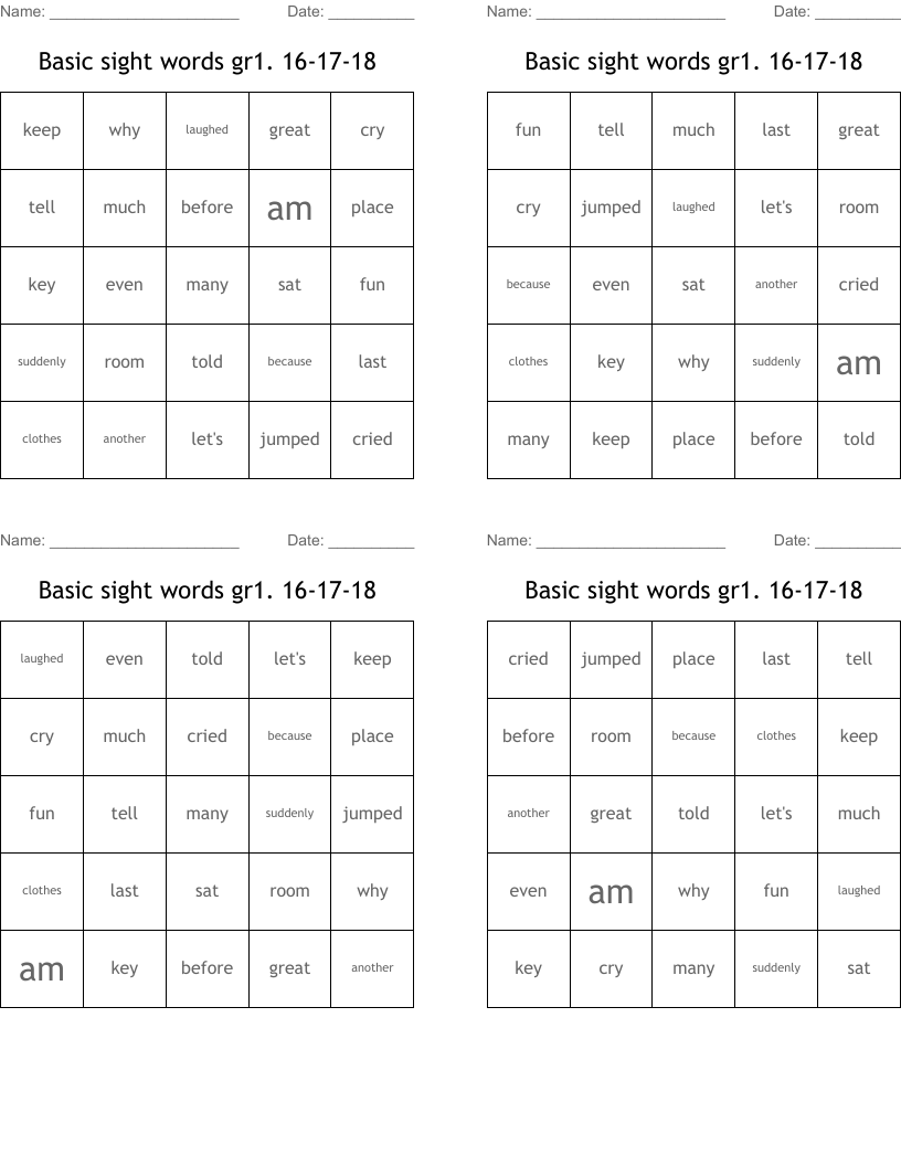 Basic sight words gr1. 16-17-18 Bingo Cards