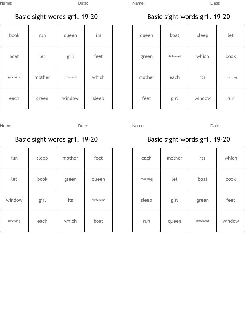 Basic sight words gr1. 19-20 Bingo Cards