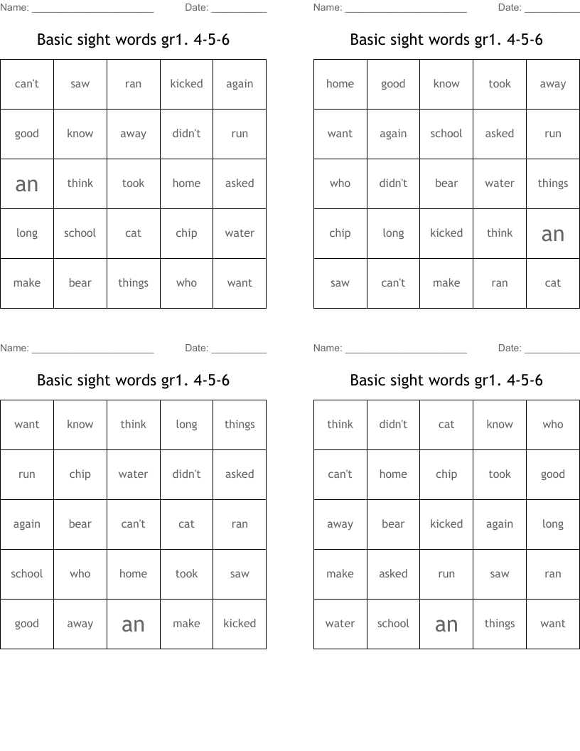 Basic sight words gr1. 4-5-6 Bingo Cards
