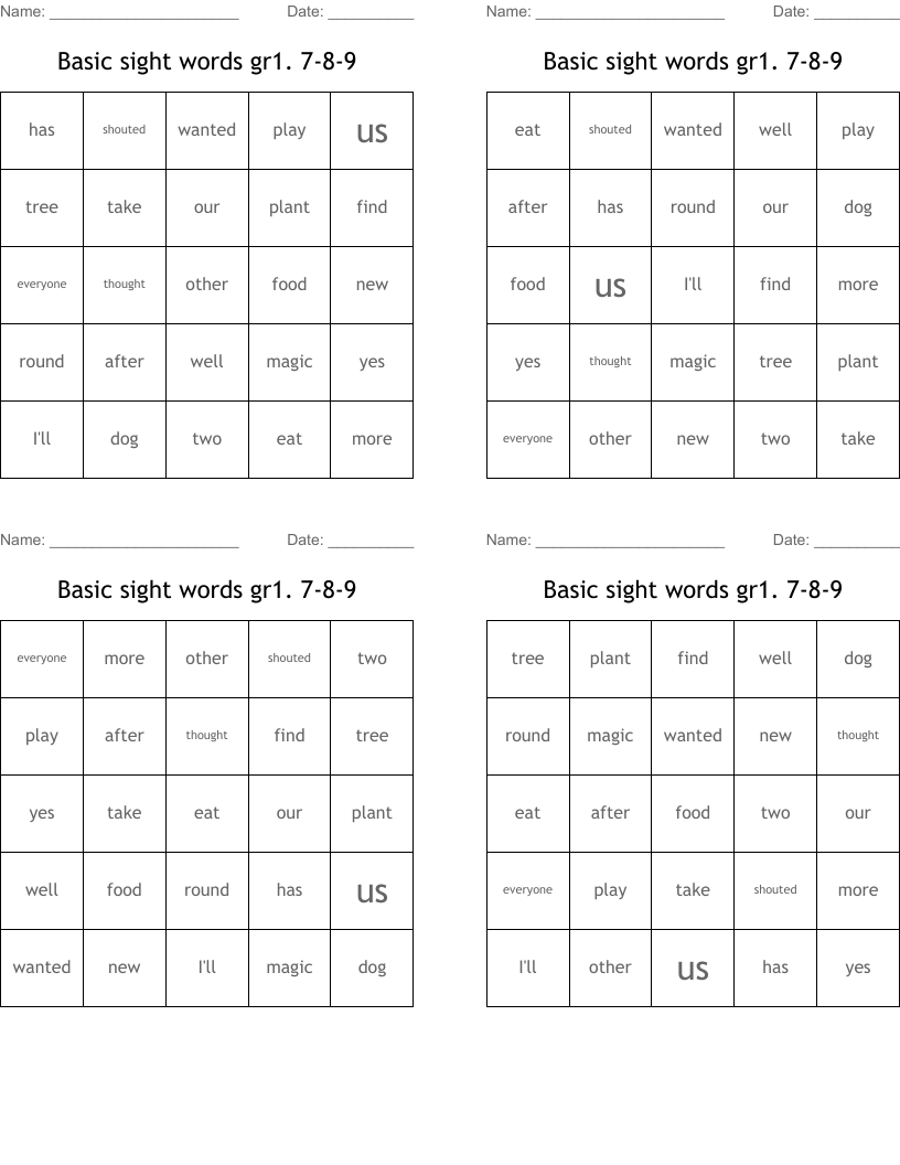 Basic sight words gr1. 7-8-9 Bingo Cards