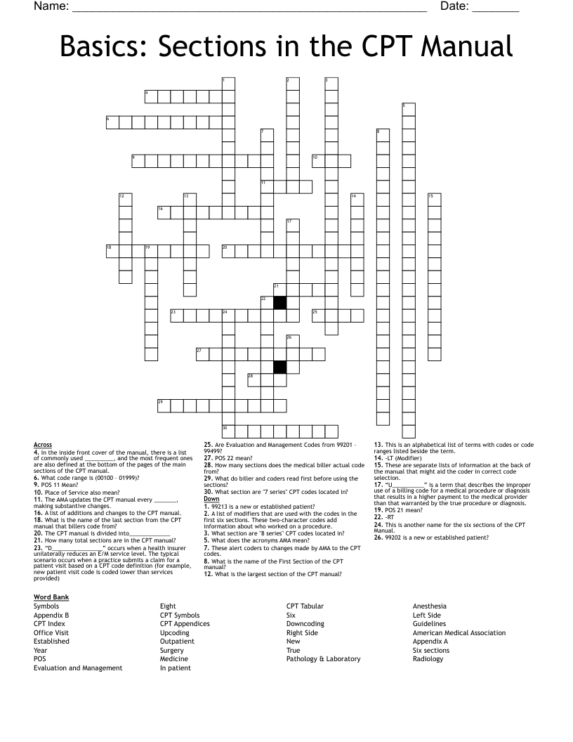 Basics: Sections in the CPT Manual Crossword
