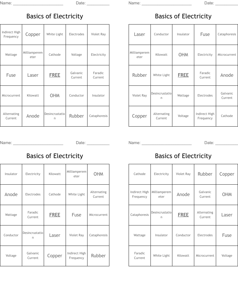 Basics of Electricity Bingo Cards