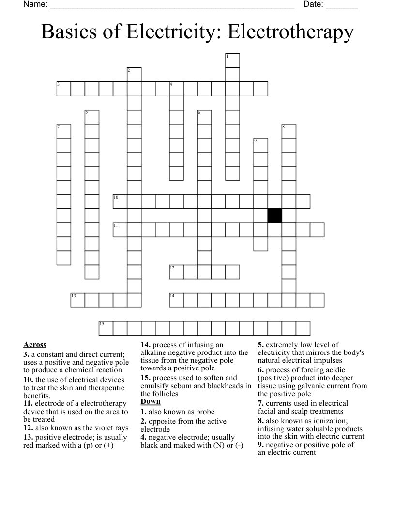 Basics of Electricity: Electrotherapy Crossword
