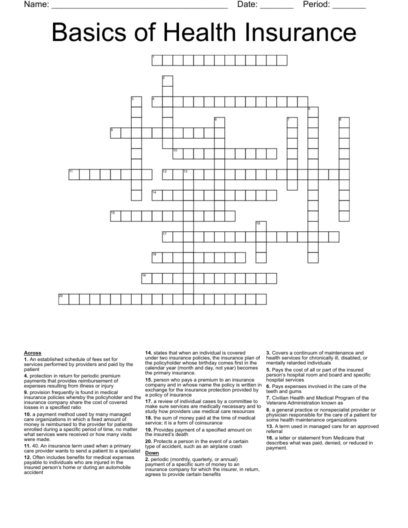 Basics of Health Insurance Crossword