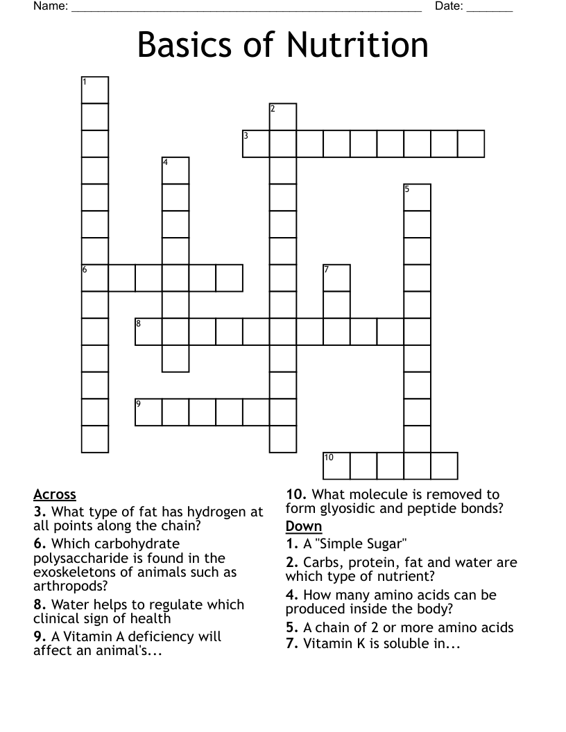 Basics of Nutrition Crossword