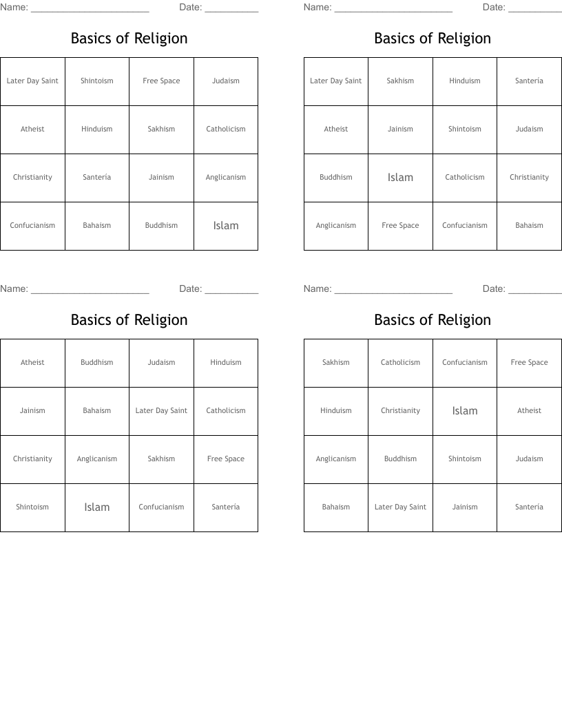 Basics of Religion Bingo Cards
