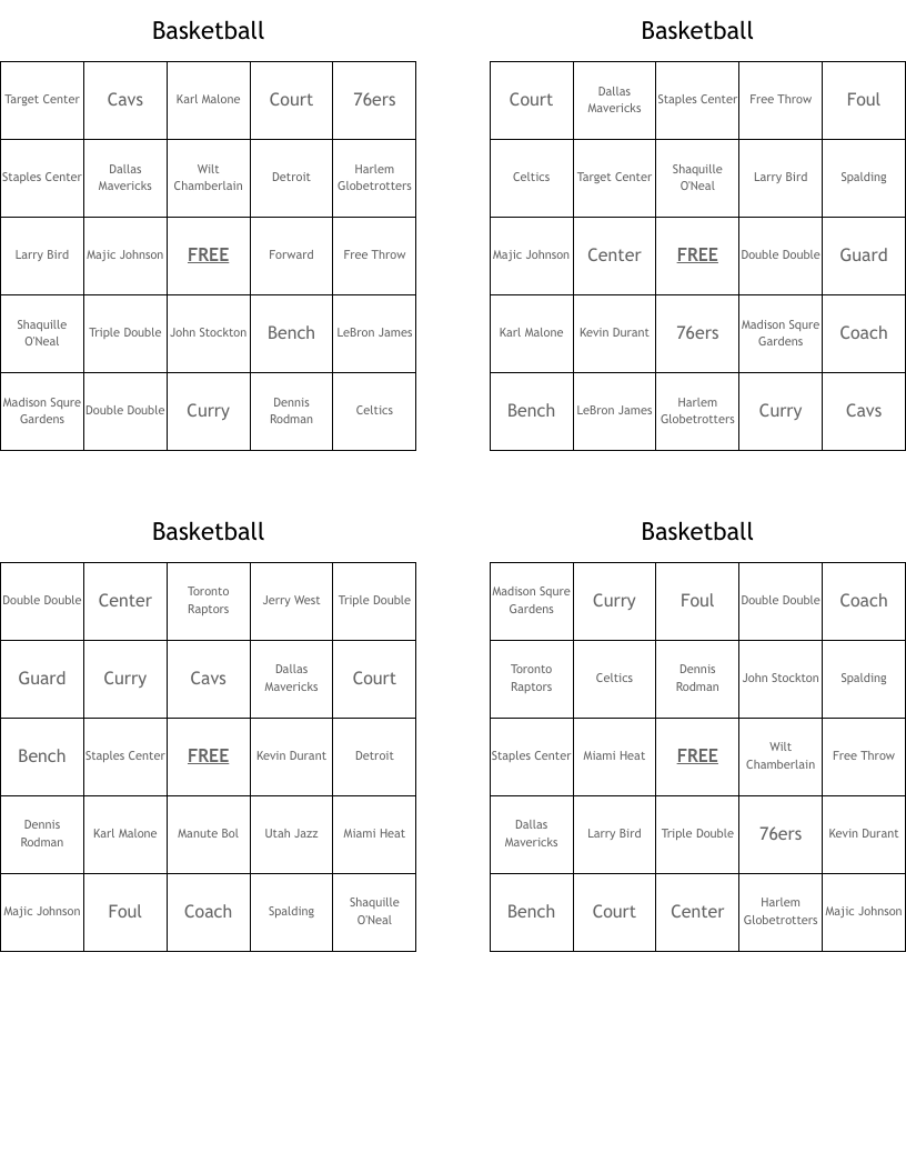 Basketball Bingo Cards