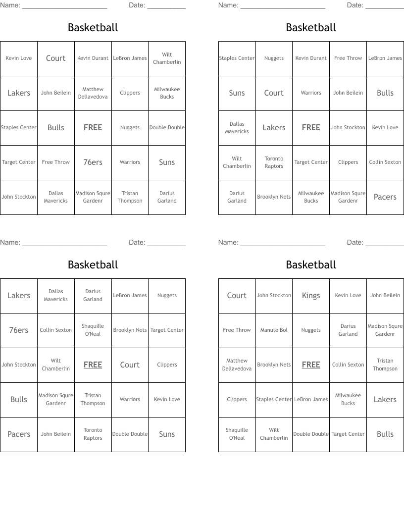 Basketball Bingo Cards