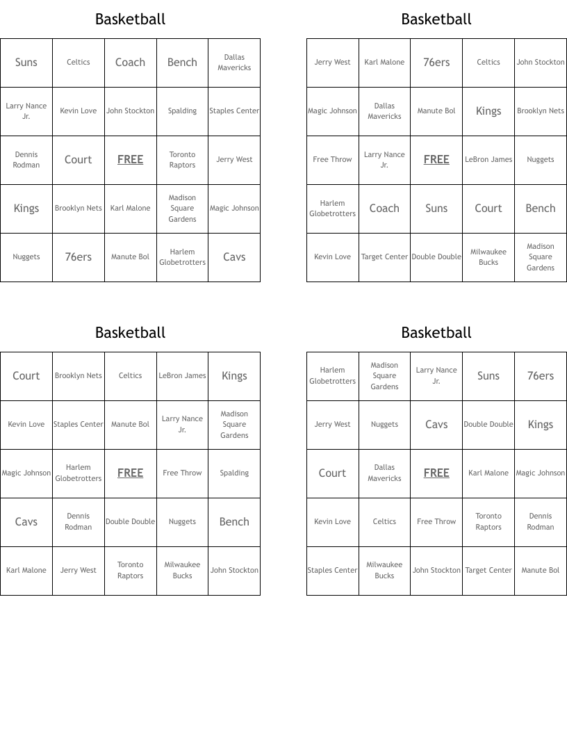Basketball Bingo Cards