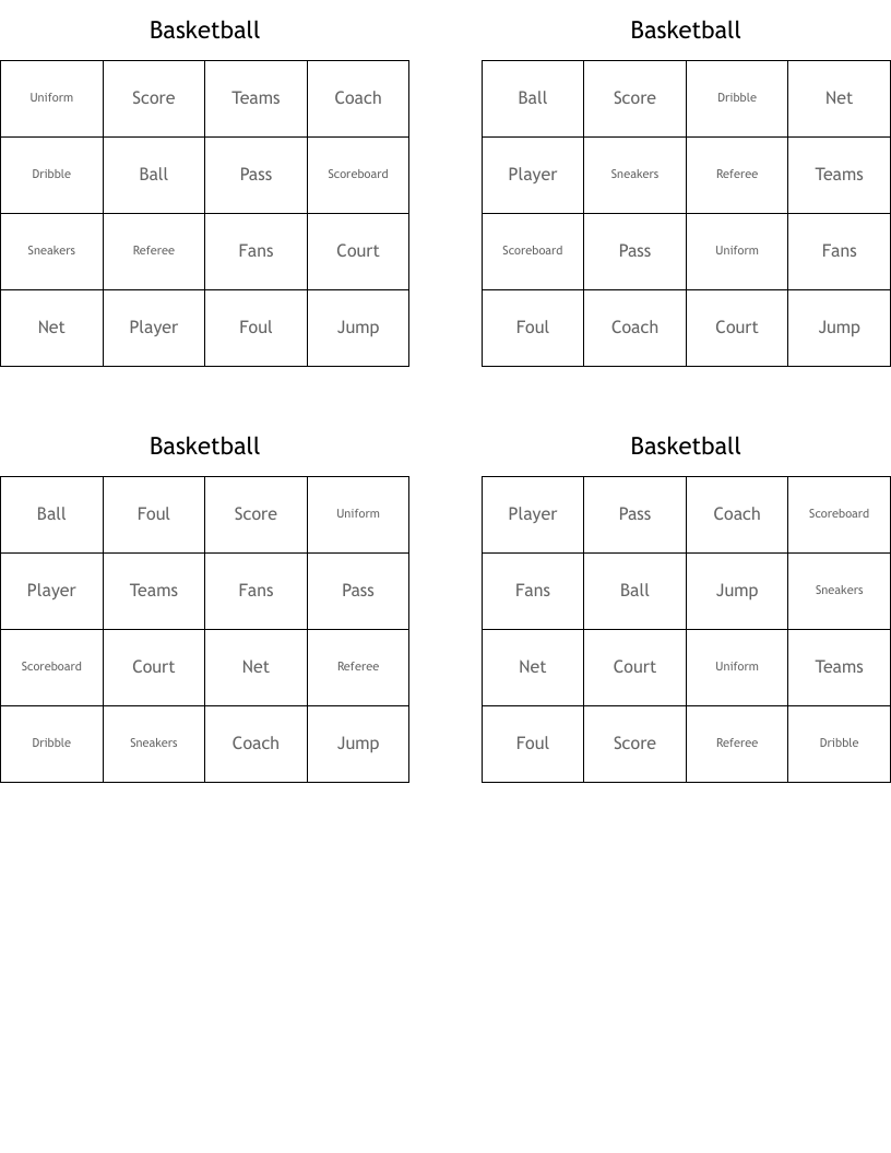 Basketball Bingo Cards