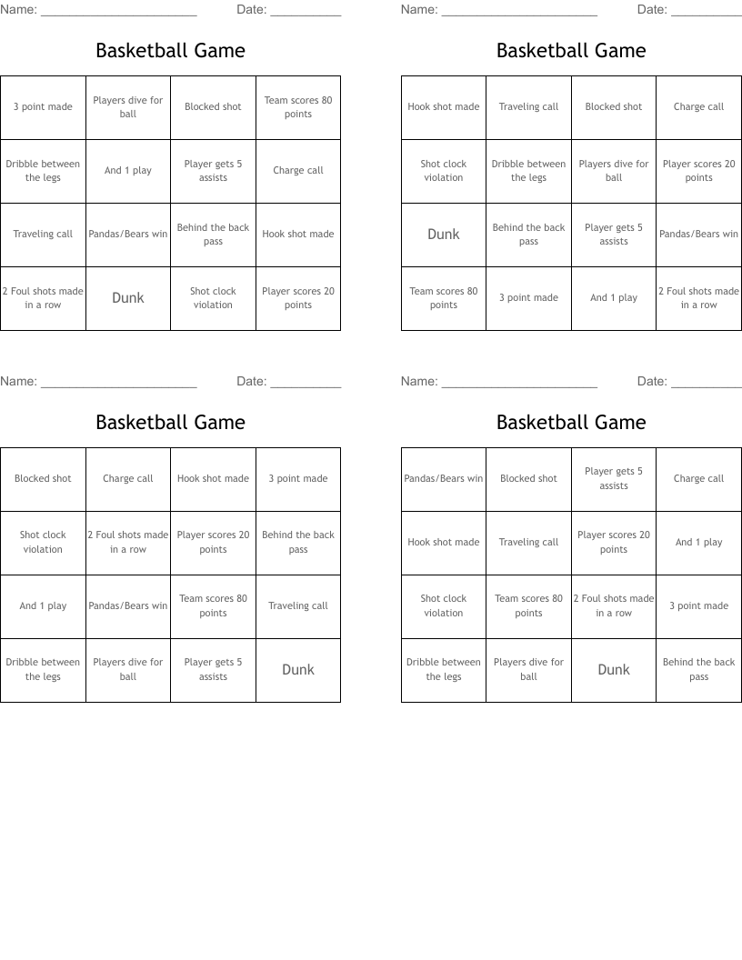 Basketball Game Bingo Cards