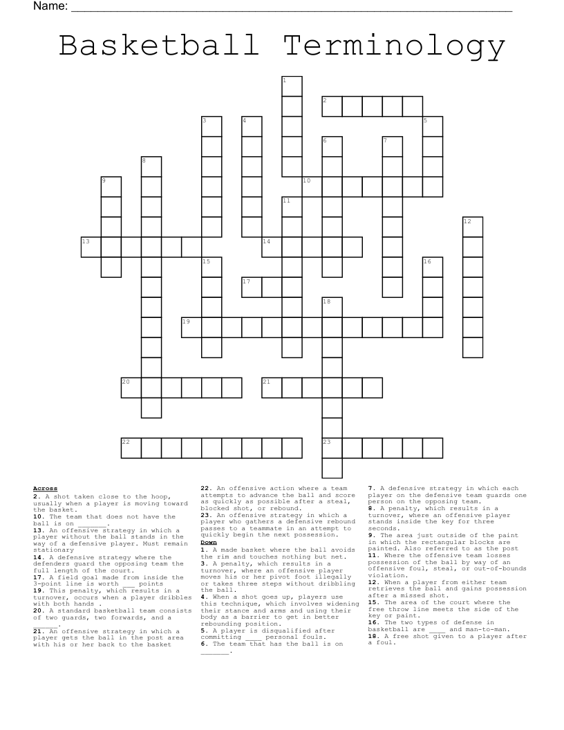 Basketball Terminology Crossword