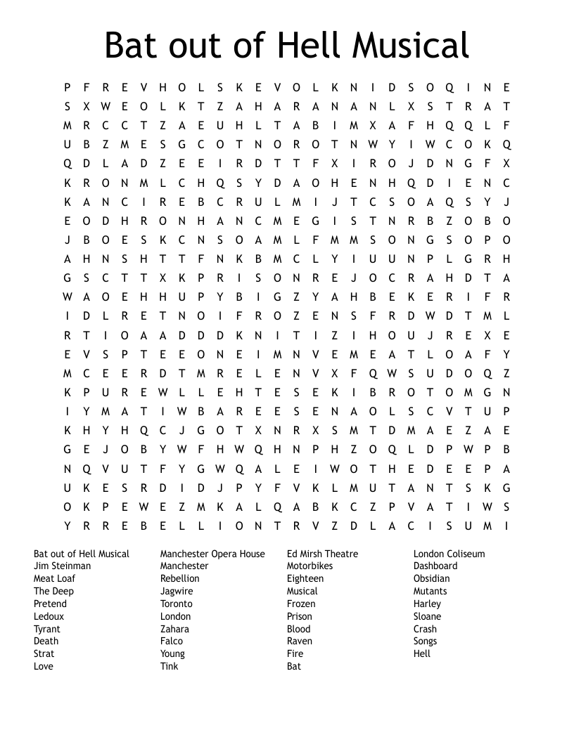 Bat out of Hell Musical Word Search