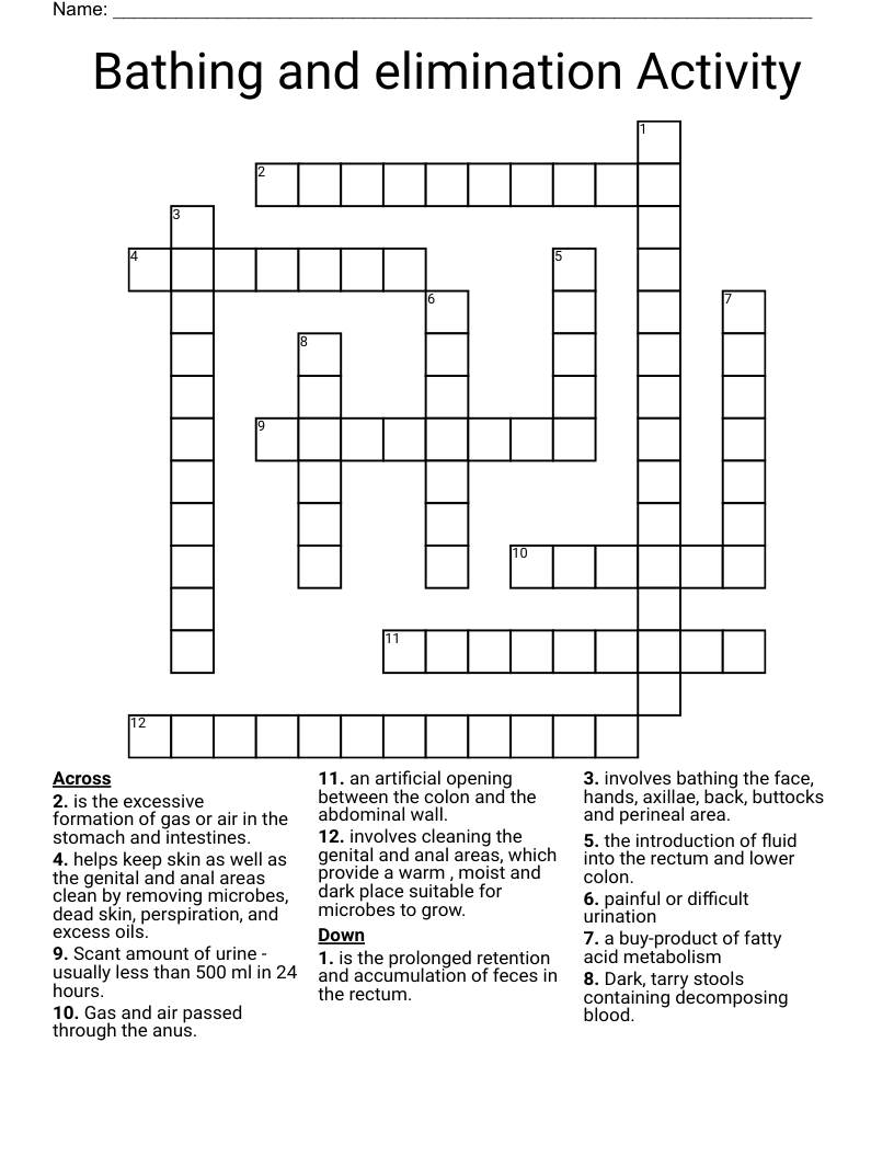 Bathing and elimination Activity Crossword