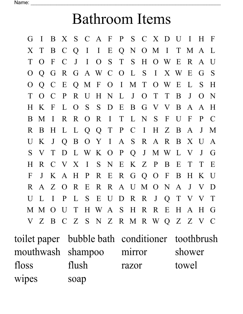 Bathroom Items Word Search