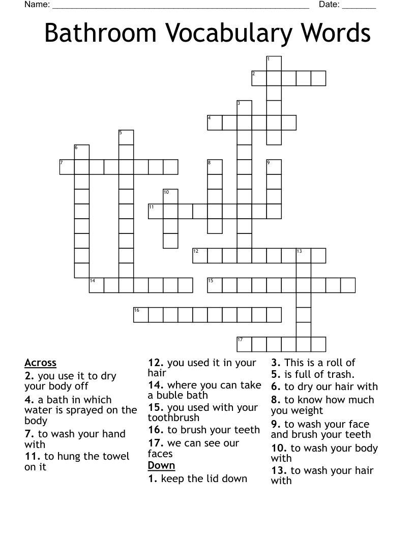 Bathroom Vocabulary Words Crossword