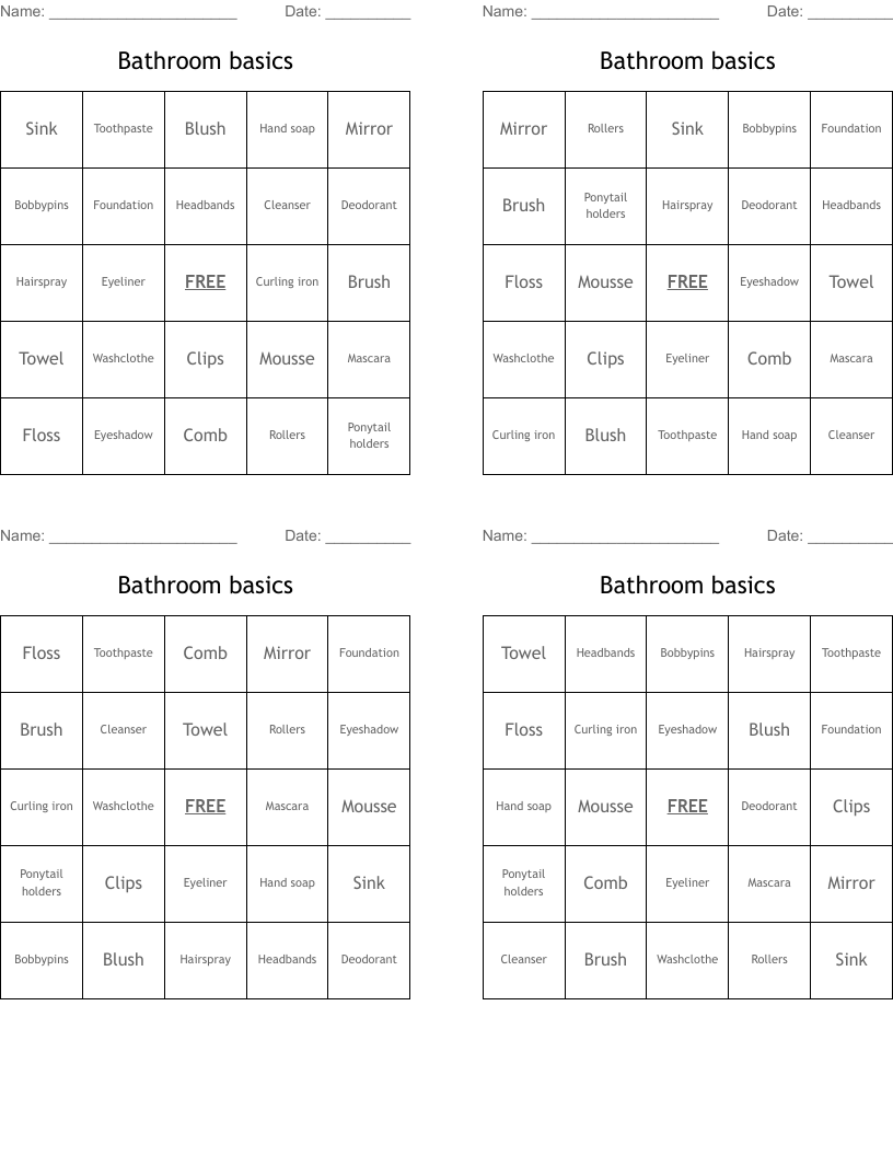 Bathroom basics Bingo Cards