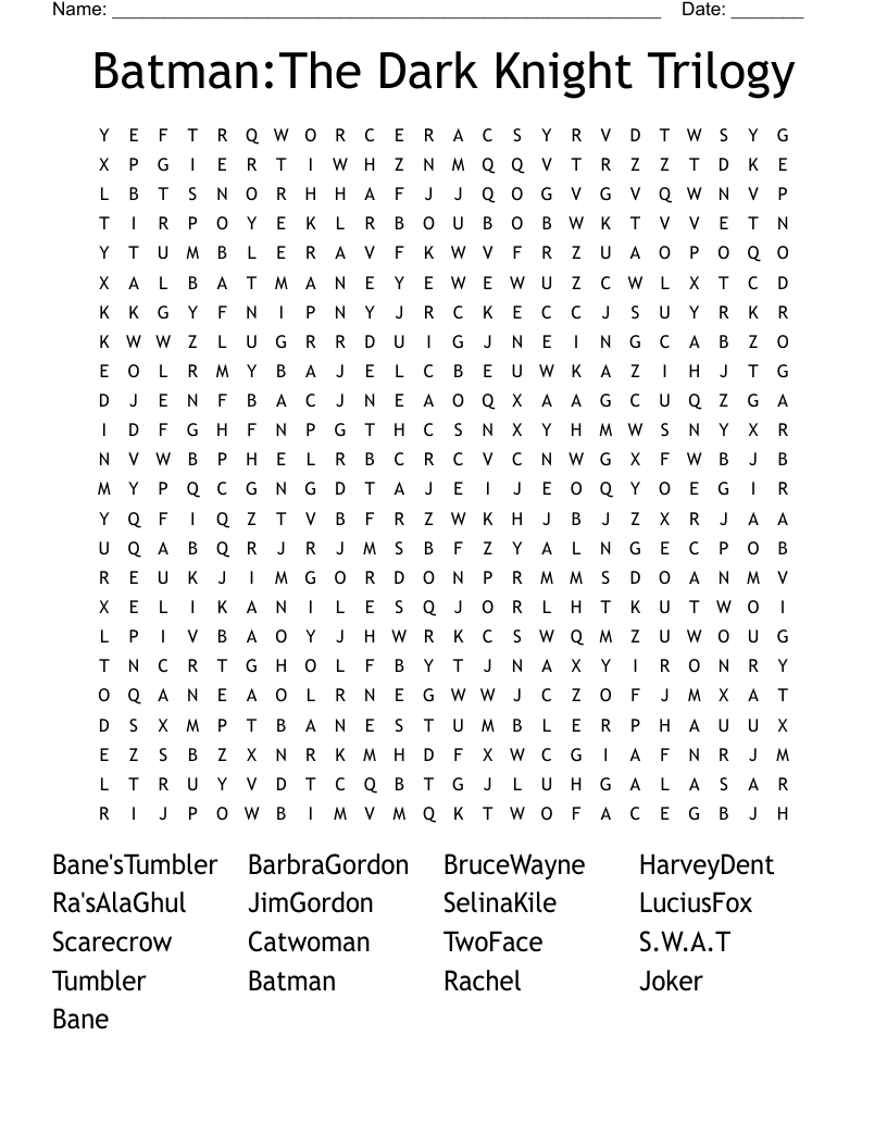 Batman:The Dark Knight Trilogy Word Search