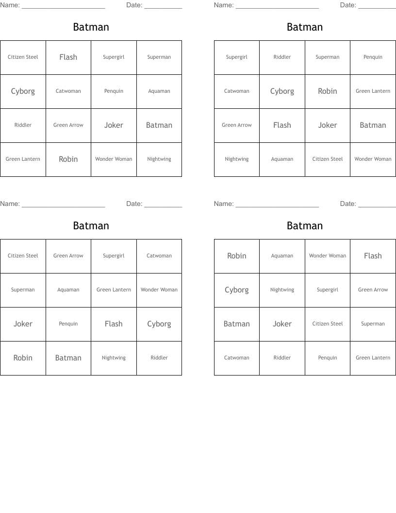 Batman Bingo Cards