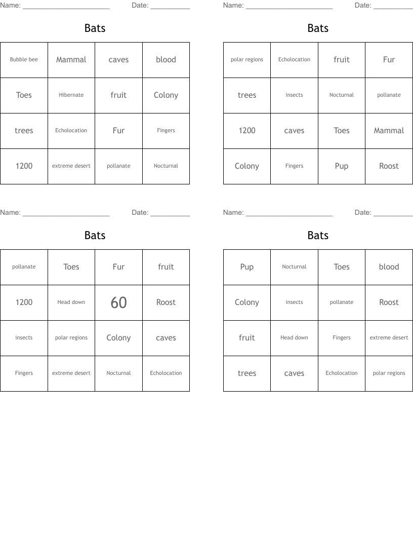 Bats Bingo Cards