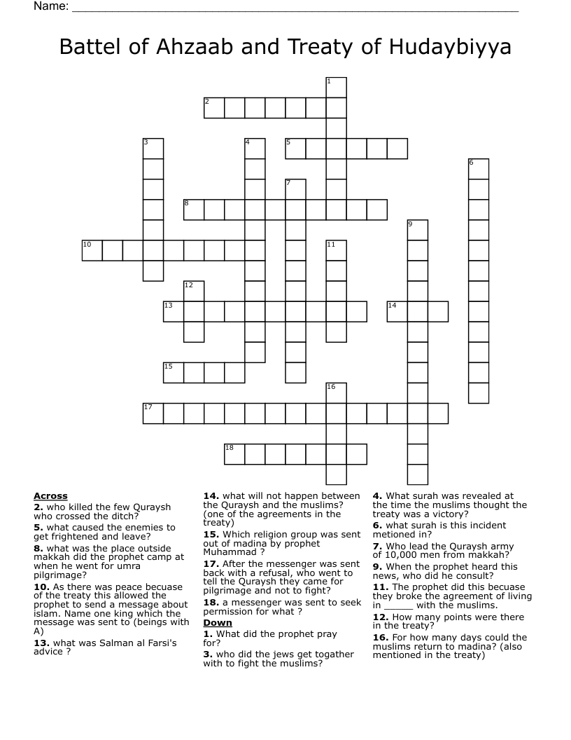 Battel of Ahzaab and Treaty of Hudaybiyya Crossword