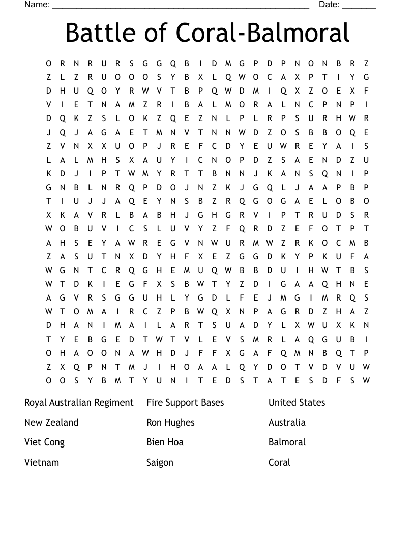 Battle of Coral-Balmoral Word Search