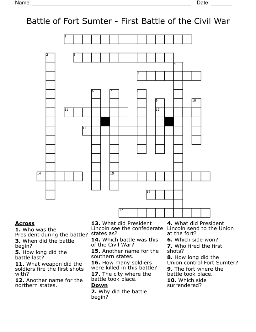 Battle of Fort Sumter - First Battle of the Civil War Crossword