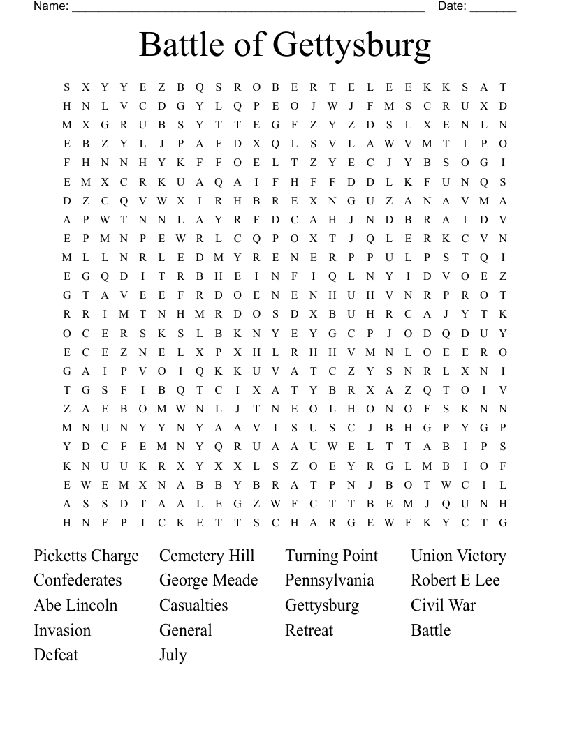 Battle of Gettysburg Word Search