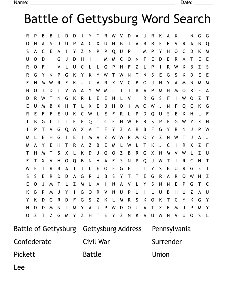 Battle of Gettysburg Word Search