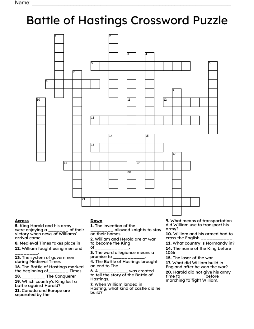 Battle of Hastings Crossword Puzzle