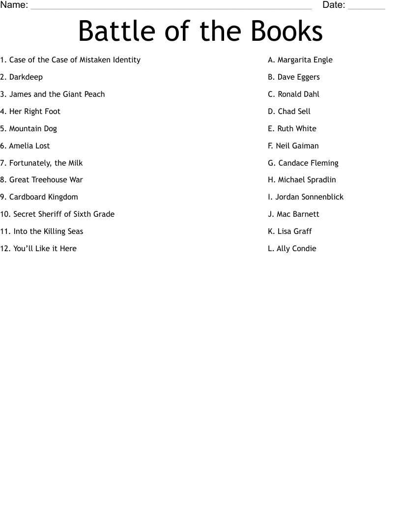 Battle of the Books Worksheet