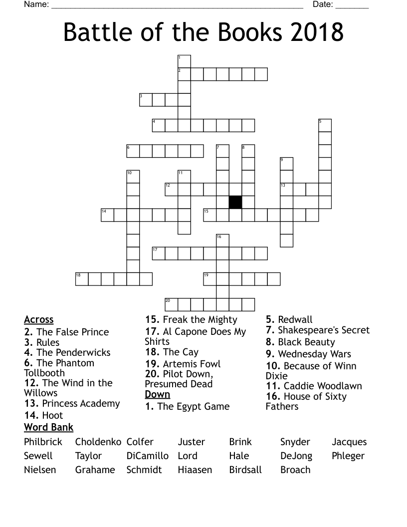 Battle of the Books 2018 Crossword
