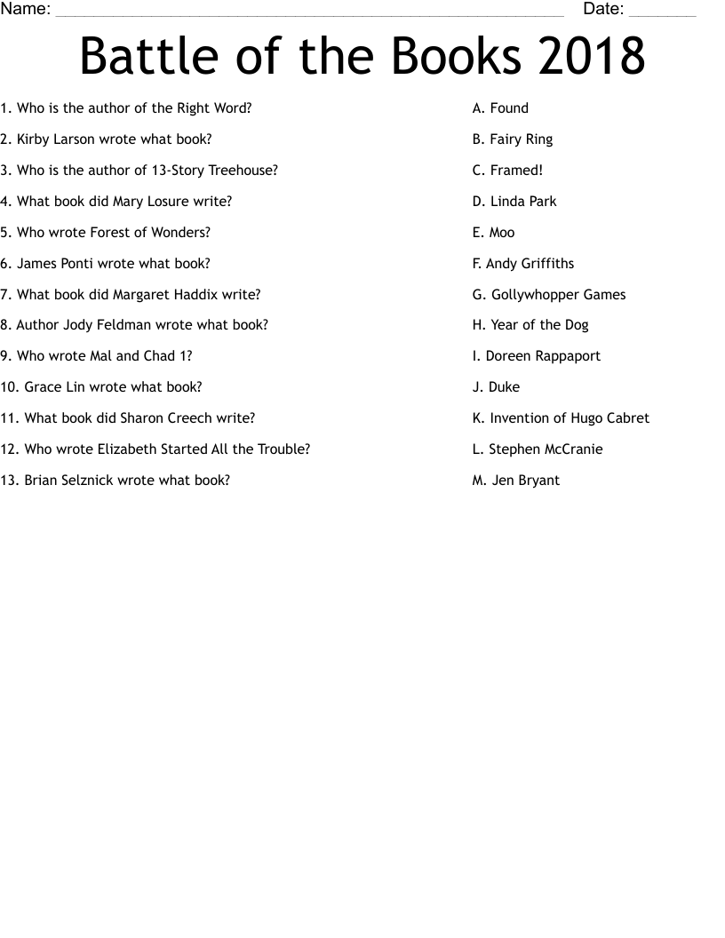 Battle of the Books 2018 Worksheet