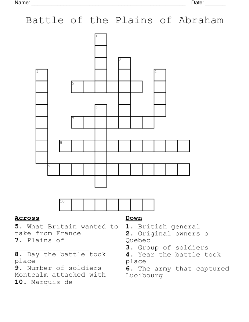 Battle of the Plains of Abraham Crossword