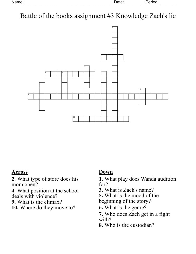 Battle of the books assignment #3 Knowledge Zach's lie Crossword