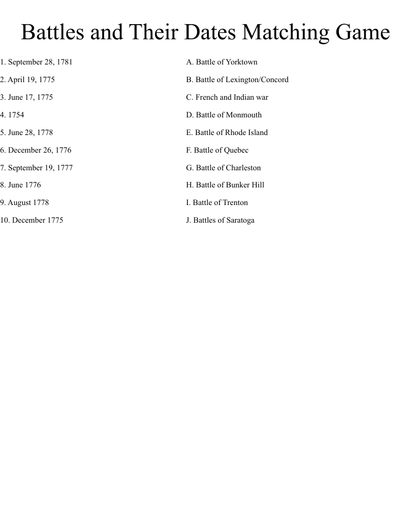 Battles and Their Dates Matching Game Worksheet