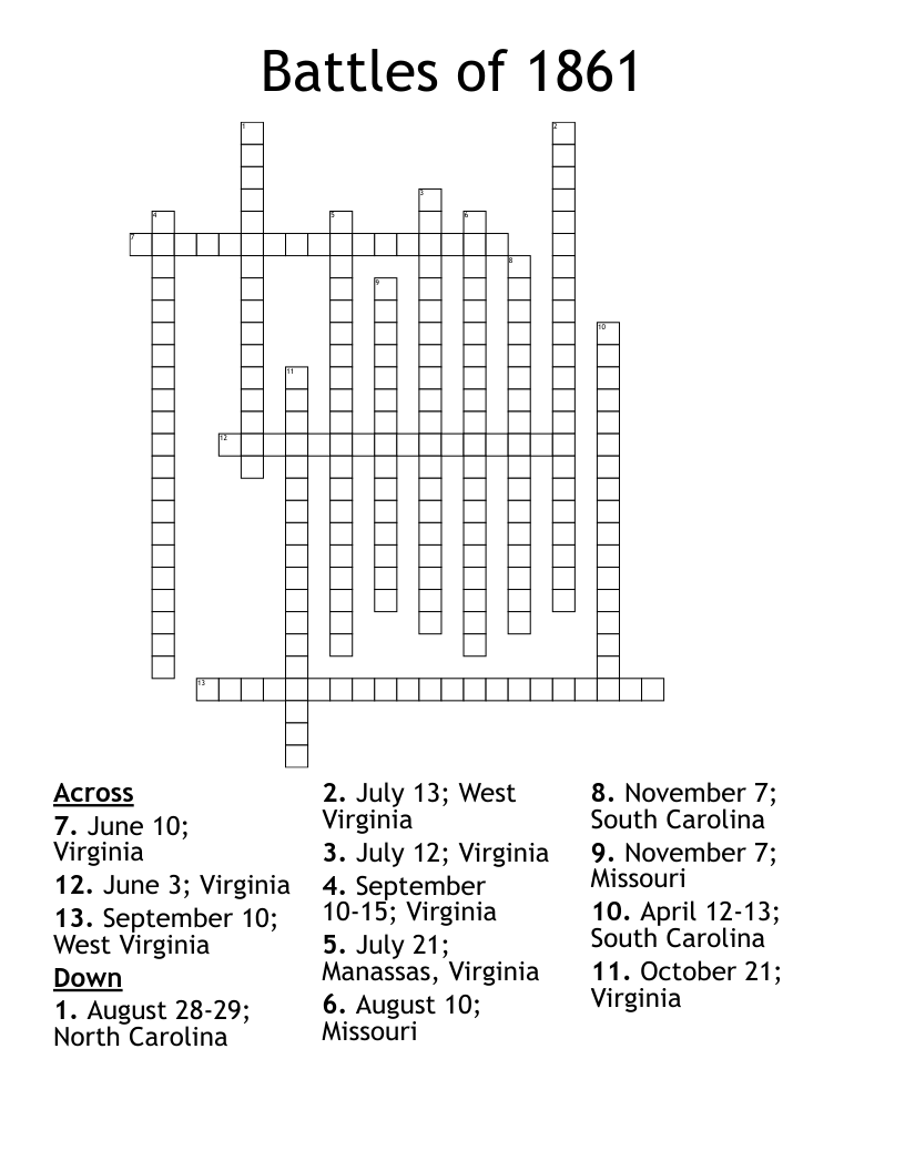 Battles of 1861 Crossword