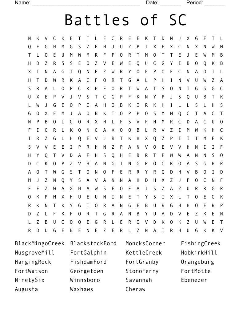 Battles of SC Word Search