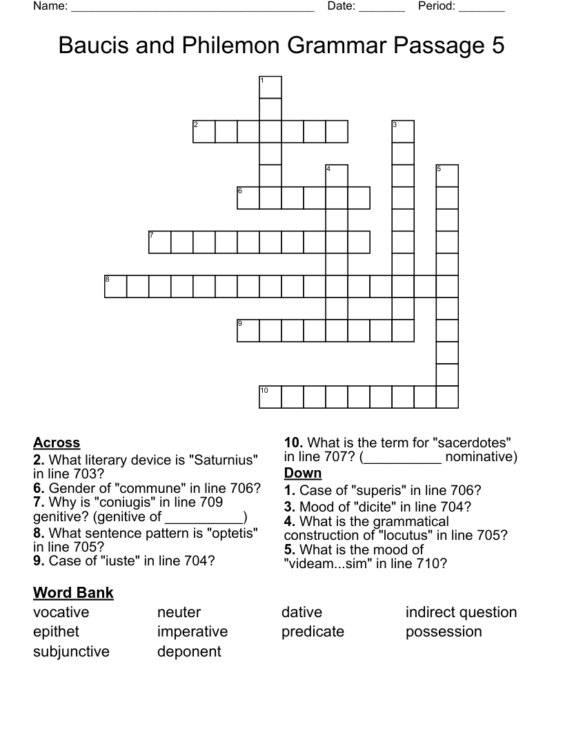 Baucis and Philemon Grammar Passage 5 Crossword