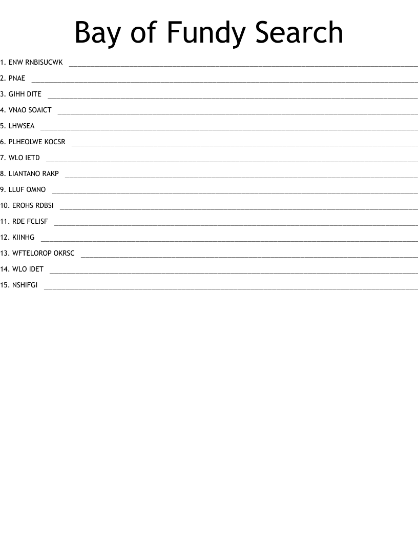 Bay of Fundy Search Word Scramble