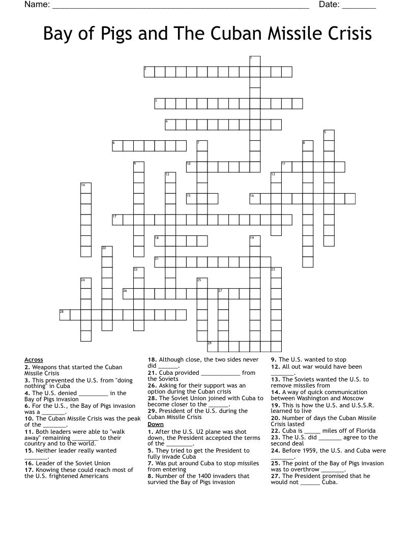 Bay of Pigs and The Cuban Missile Crisis Crossword
